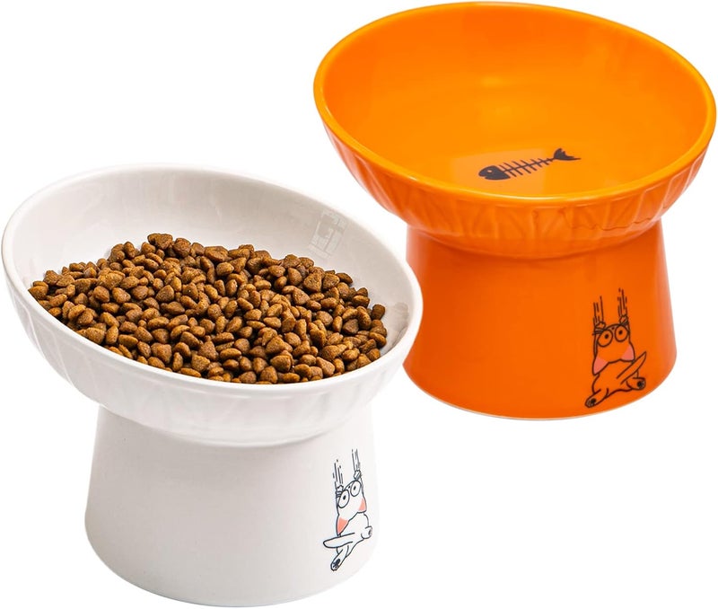 OMAYKEY 6.5 Inch Extra Wide Ceramic Raised Cat Bowl Set, Tilted Elevated Cat Bowls for Food and Water, Prevent Whisker Fatigue, Stress Free, Less Vomiting, Protect Spine, Lead & Cadmium Free, White & Orange - Image 1